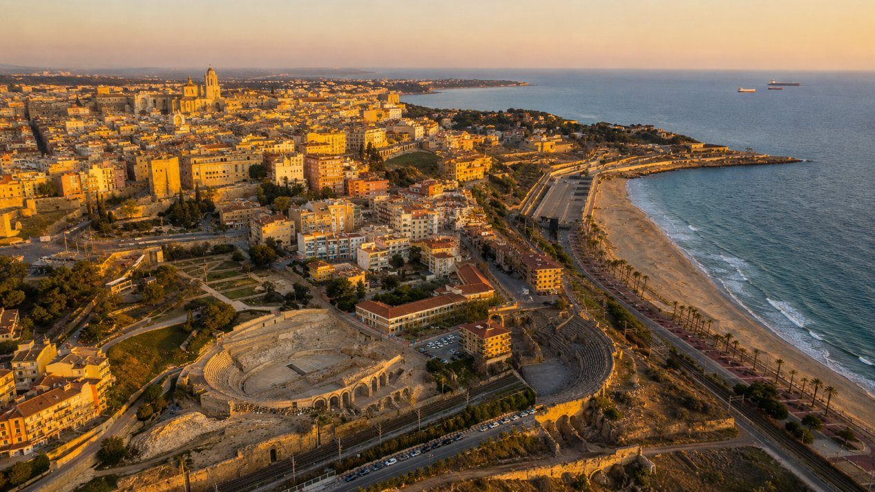 Vista aérea de Tarragona al atardecer con el anfiteatro romano y la costa mediterránea