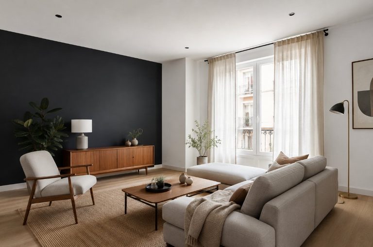 Salón reformado con pared antracita y mobiliario nórdico tras trabajo de pintura interior