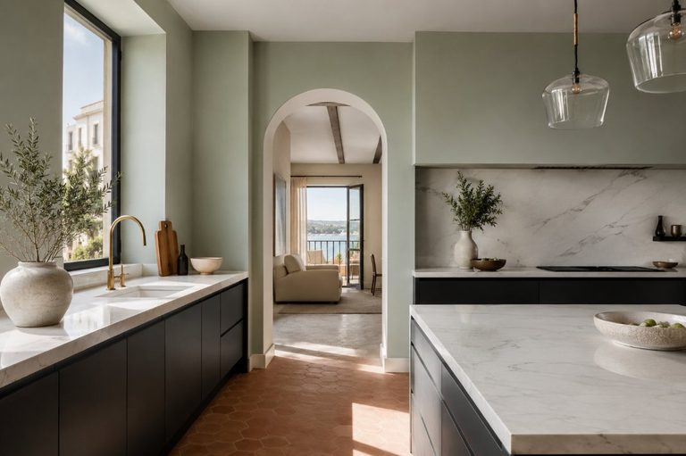 Cocina reformada con paredes en verde sage, encimera de mármol y vista al mar mediterráneo