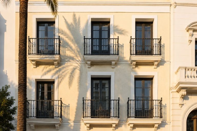 Fachada modernista restaurada con pintura siloxánica color crema bajo sombra de palmera