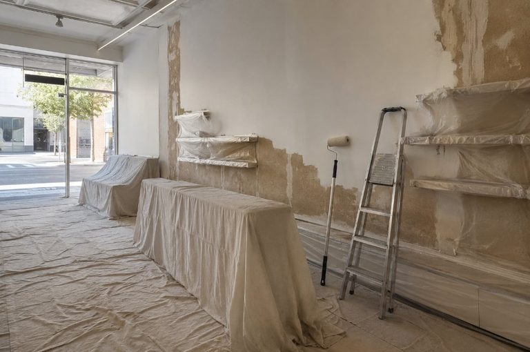 Local comercial cerrado por reforma con telas protectoras y escalera durante los trabajos de pintura