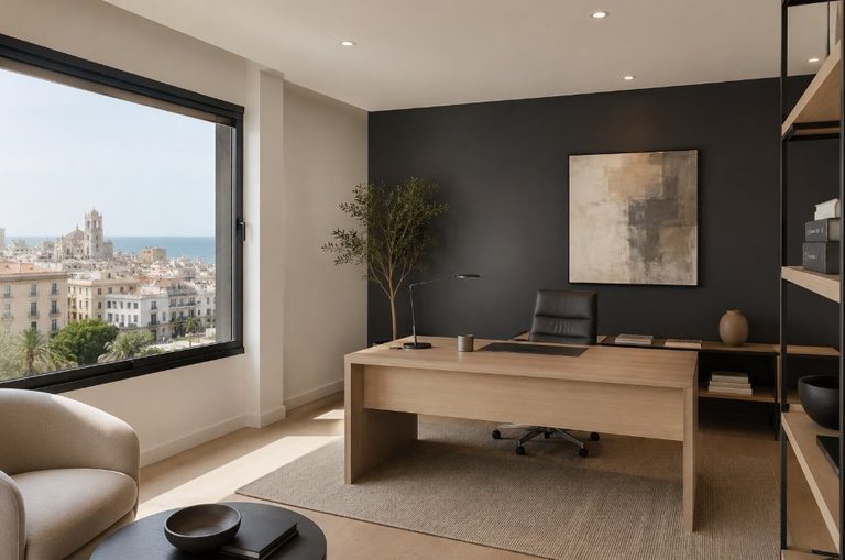 Oficina contemporánea recién pintada con pared antracita de acento y vistas a la ciudad costera de Tarragona