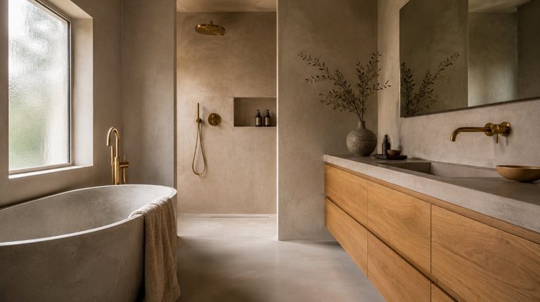 Baño minimalista en Tarragona con paredes y suelo de microcemento taupé y grifería dorada