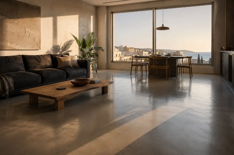Salón con suelo continuo de microcemento gris pulido y vistas al mar Mediterráneo al atardecer