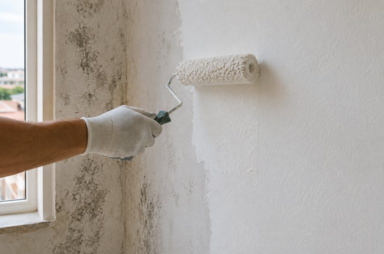 Aplicación de imprimación antihumedad bloqueadora con rodillo sobre una pared afectada por humedad